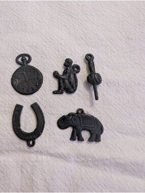 Antique Pot Metal Good Luck Charm Lot 5pc Elephant Horseshoe Monkey 1920s